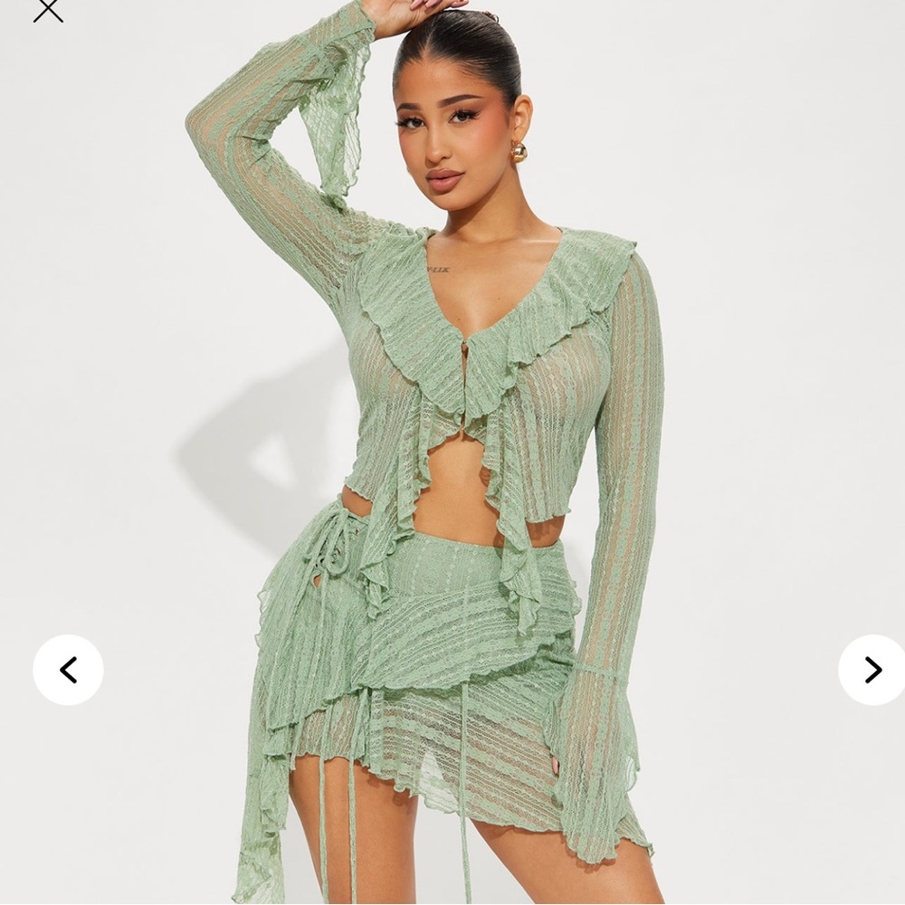 Fashion Nova Green Ruffled Long Sleeve Skirt Set